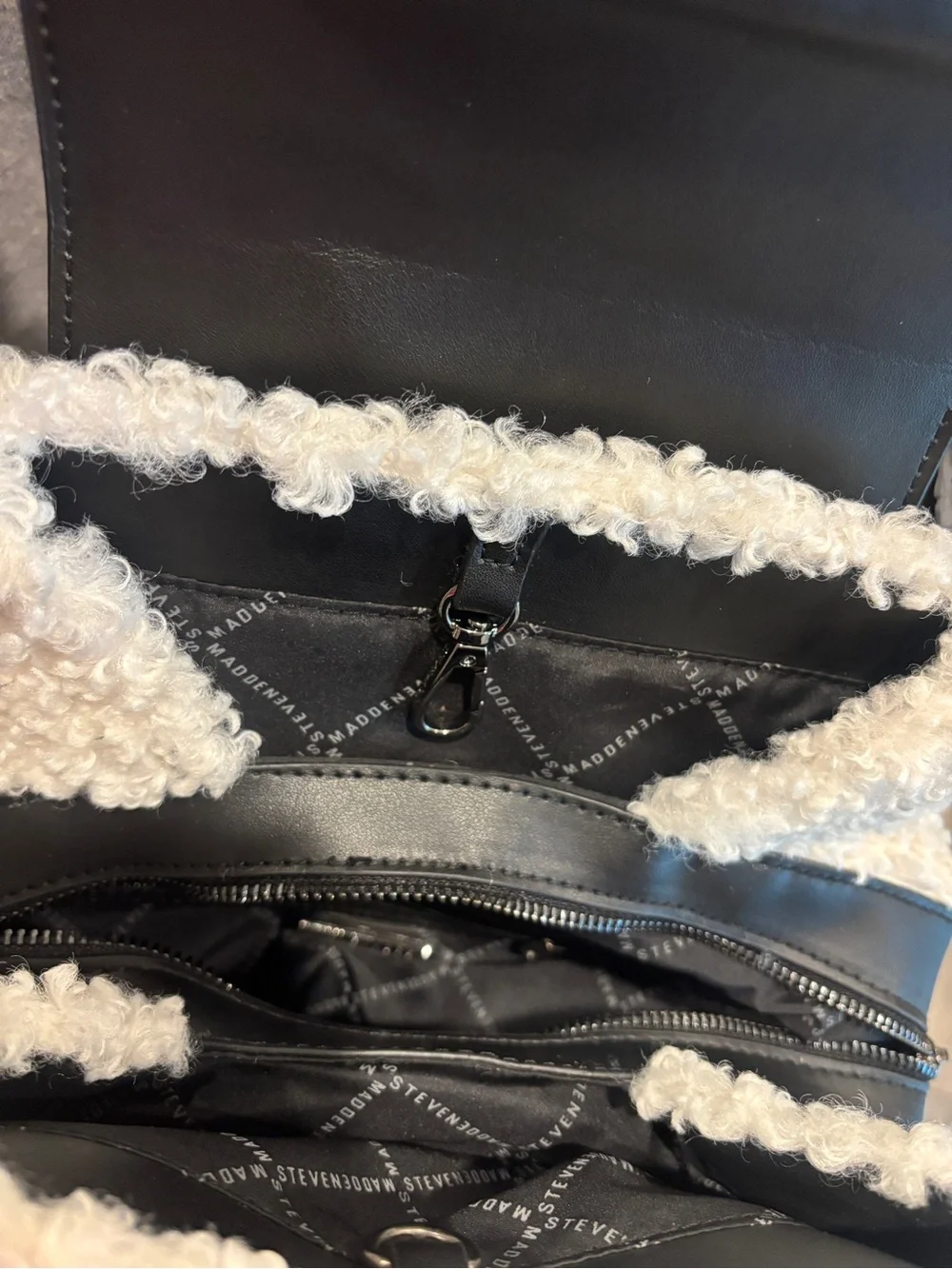 NWT Steve Madden Black/Cream Faux-Shearling Backpack BMAKENNA Retail $98